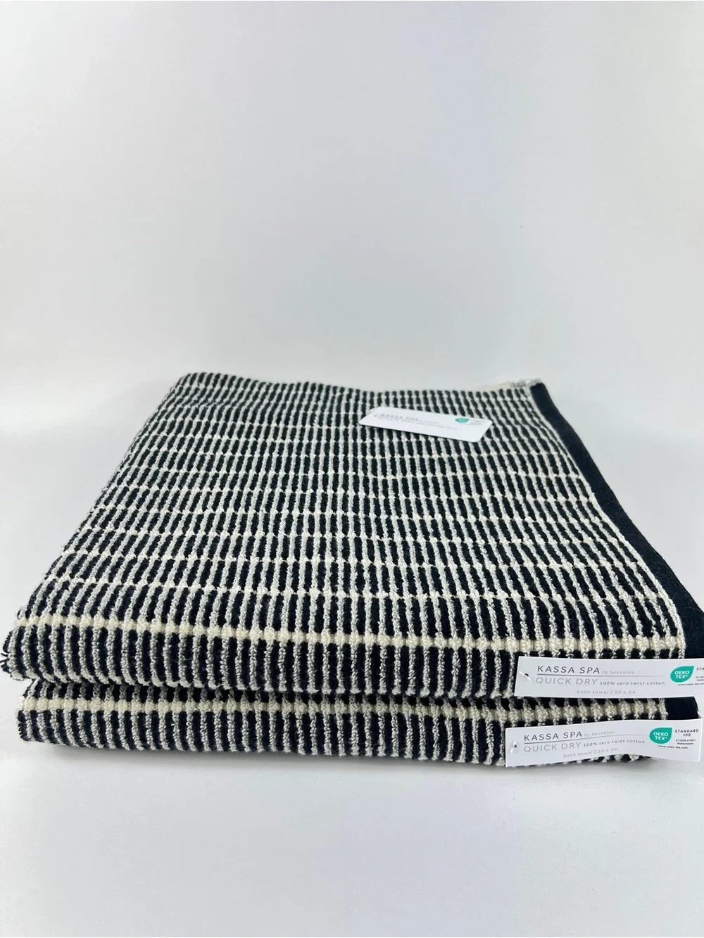 Kassa Spa Bath Towel Set Black and Cream Stripes Quick-Dry Soft Cotton 2 Pc NEW